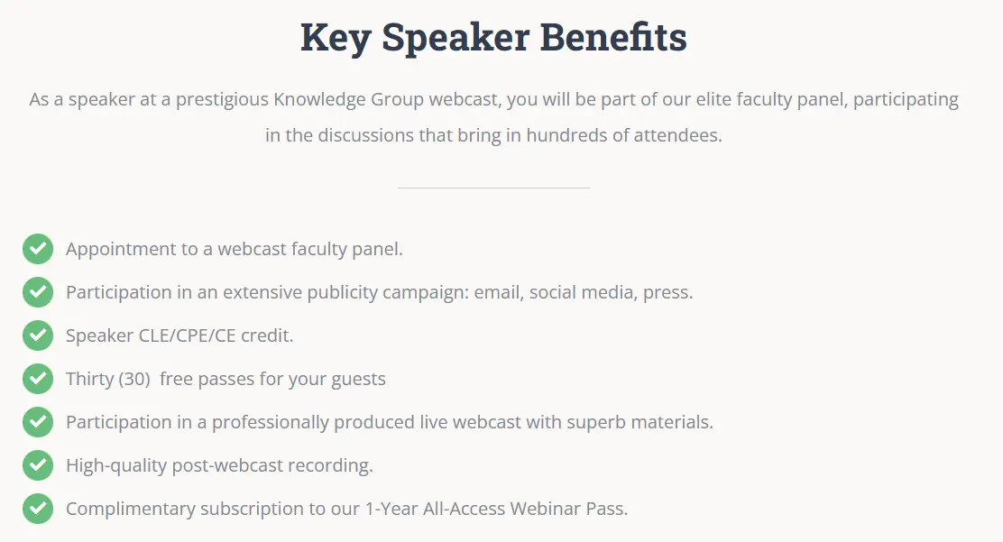 Key Speaker Benefits | The Knowledge Group CLE CPE Webinars Podcasts