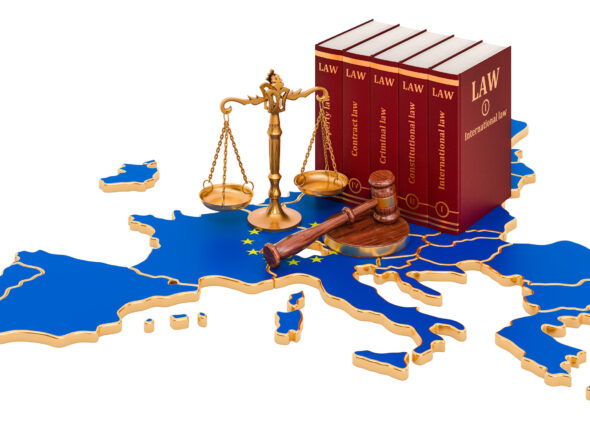 Law and justice in the European Union concept, 3D rendering