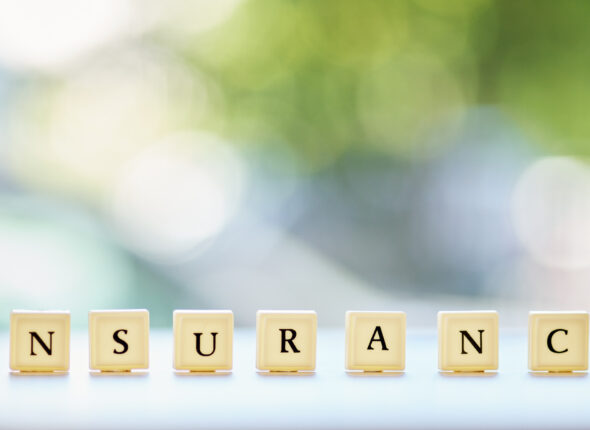 Insurance, word or message on wood blocks or letters writing about life or healthcare in an emergency or accident mockup. Planning for medical, health or banner for security and safety in the future