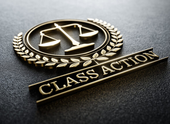 Class Action: Golden Icon with Scales of Justice and text. Legal Concept