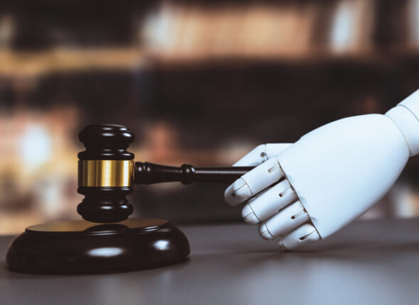 Concept of future and fair justice system by robotic holding gavel. Equilibrium
