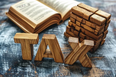 Word TAX on wooden blocks on a desk , Income tax return concept