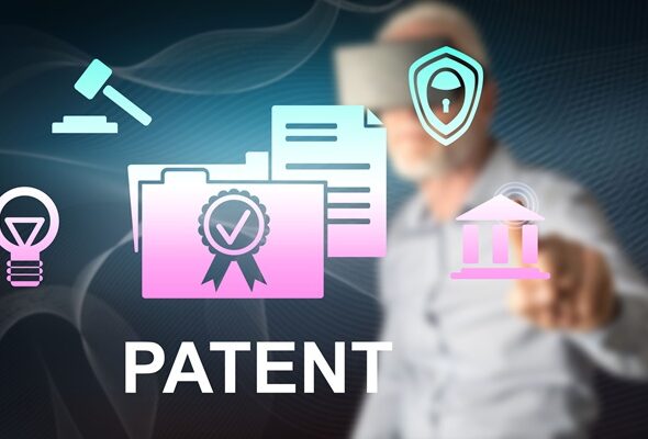 Man with vr headset touching a patent concept on a touch screen with his finger